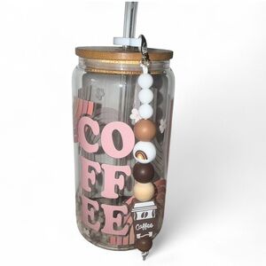 16oz Coffee Glass Tumbler Can w Straw/Lid and Coffee Straw Charm